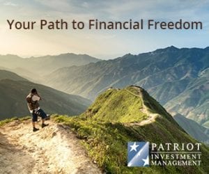 Patriot Investment Management branded image with person hiking in the mountains