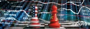 Chess pieces with American and Chinese flags on them