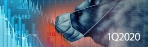 bear wearing a face mask with plummeting stock prices in background
